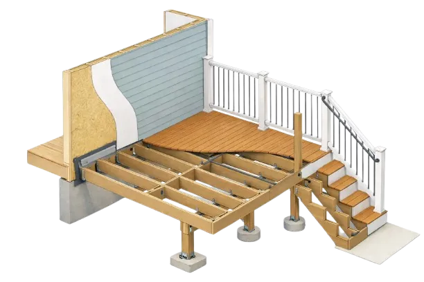 Cutaway of deck framing, decking, railing and stairs
