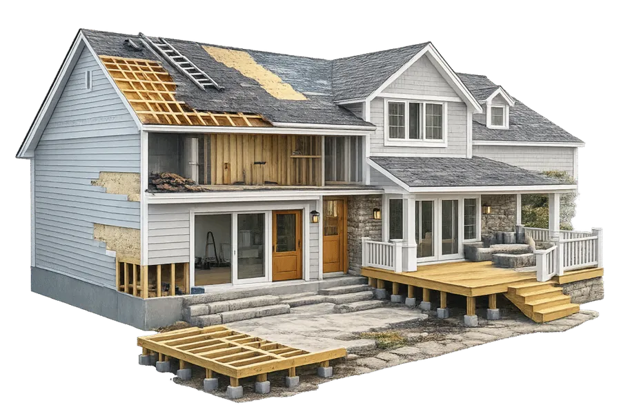 Cutaway of a house showing roof, siding and deck construction