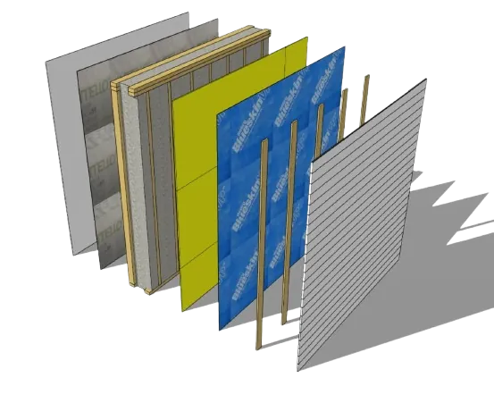 Exploded view of the layers of a siding installation