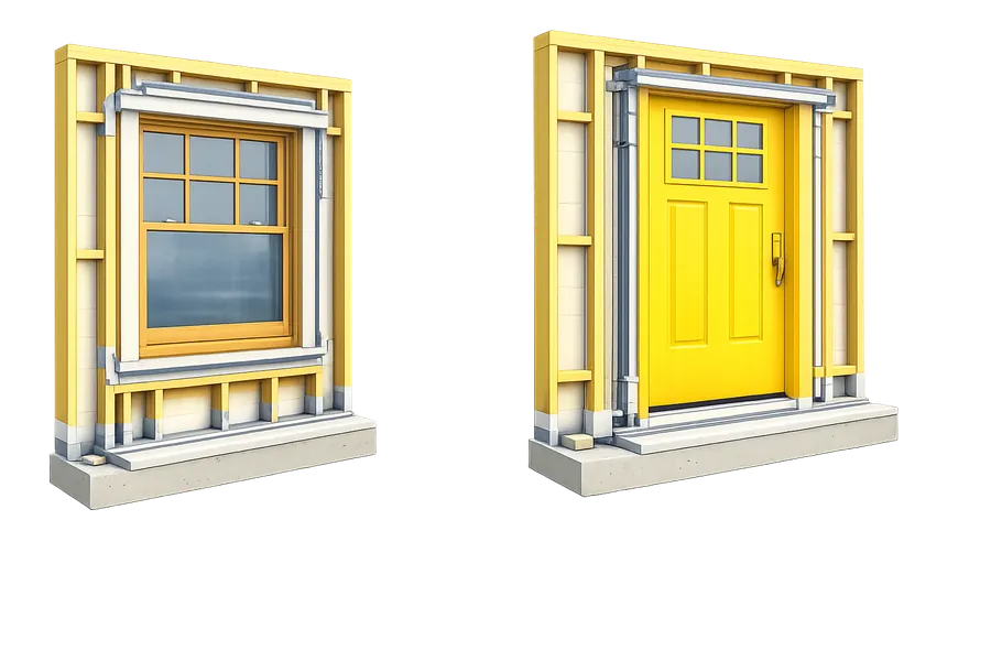 Cutaway of a window and a door installed with flashing and sealing